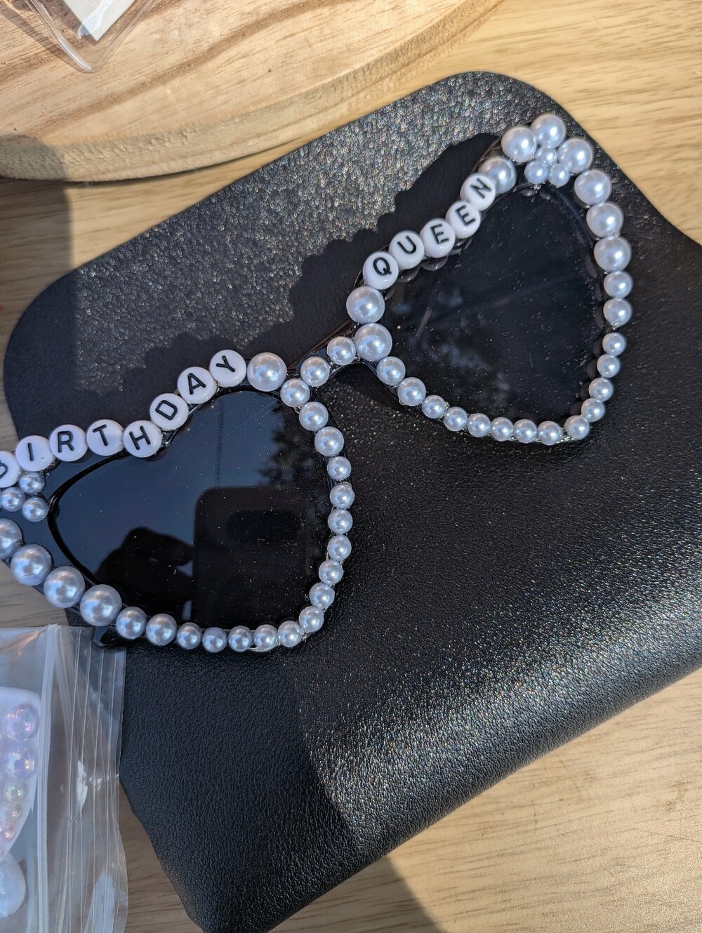 Birthday Queen Pearl-Trim Heart Sunglasses - Black